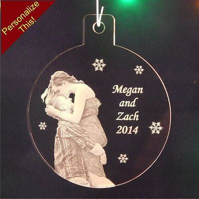 acrylic christmas holiday ornament engraved with a photograph, names and year