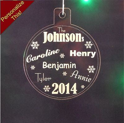 acrylic christmas ornament engraved with 6 names and snowflakes