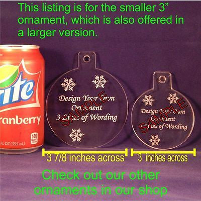 acrylic christmas ornament engraved with 6 names and snowflakes shown in two sizes