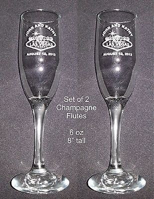 Set 2 Married in Las Vegas Engraved Wedding Champagne Glass Flutes Curved Names