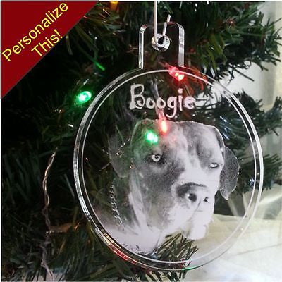 Acrylic round ornament engraved with a pet photo and name