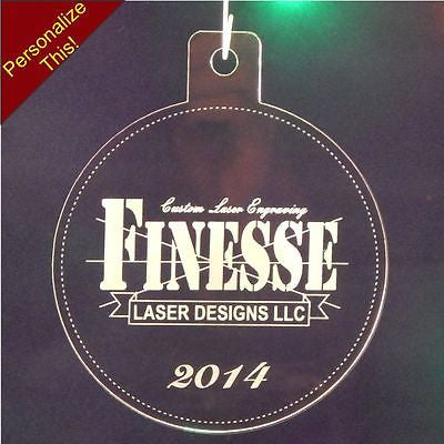 acrylic round ornament engraved with business logo and year