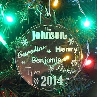 acrylic christmas ornament engraved with 6 names and snowflakes