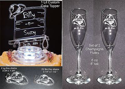 phots showing acrylic western backgoard cake topper along with cowboy hat keychains and a set of two champagne flutes with cowboy hat engraved