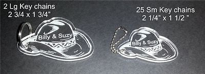 acrylic cowboy hat shaped keychains one shown with metal ring and one shown with metal chain
