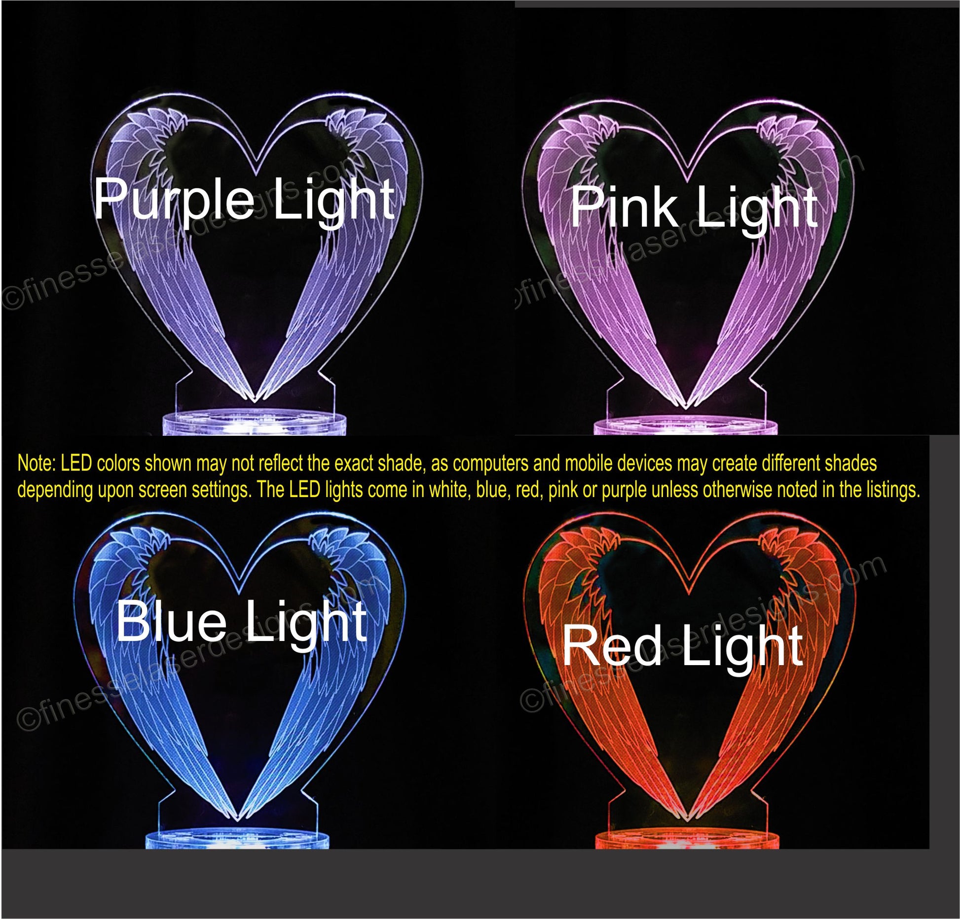 Colored views of acrylic heart shaped cake topper with downward angel wing engraved showing pink, purple, blue and red lighted views