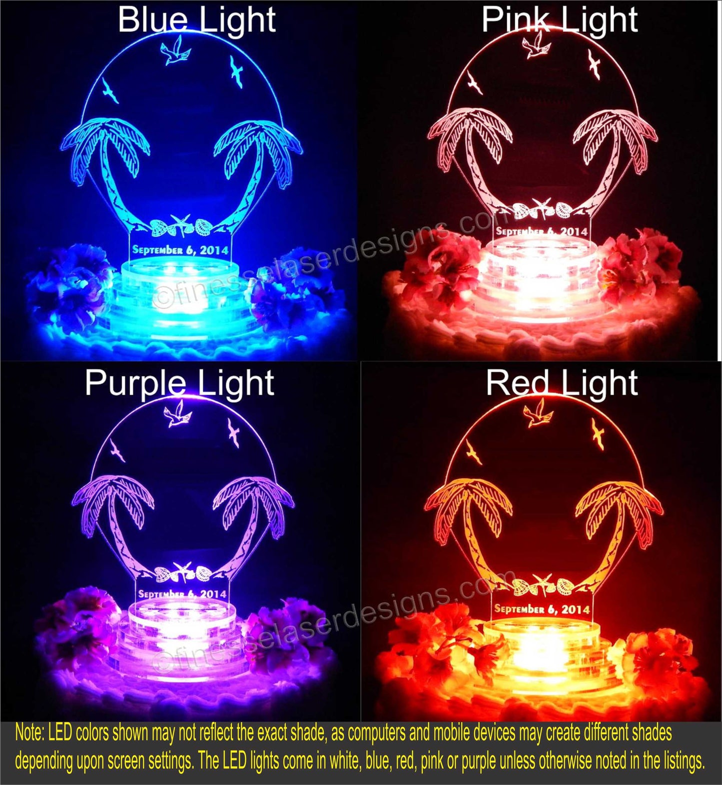 colored views of an acrylic cake topper designed with palm trees and beach theme showing blue, pink, purple and red lighted views