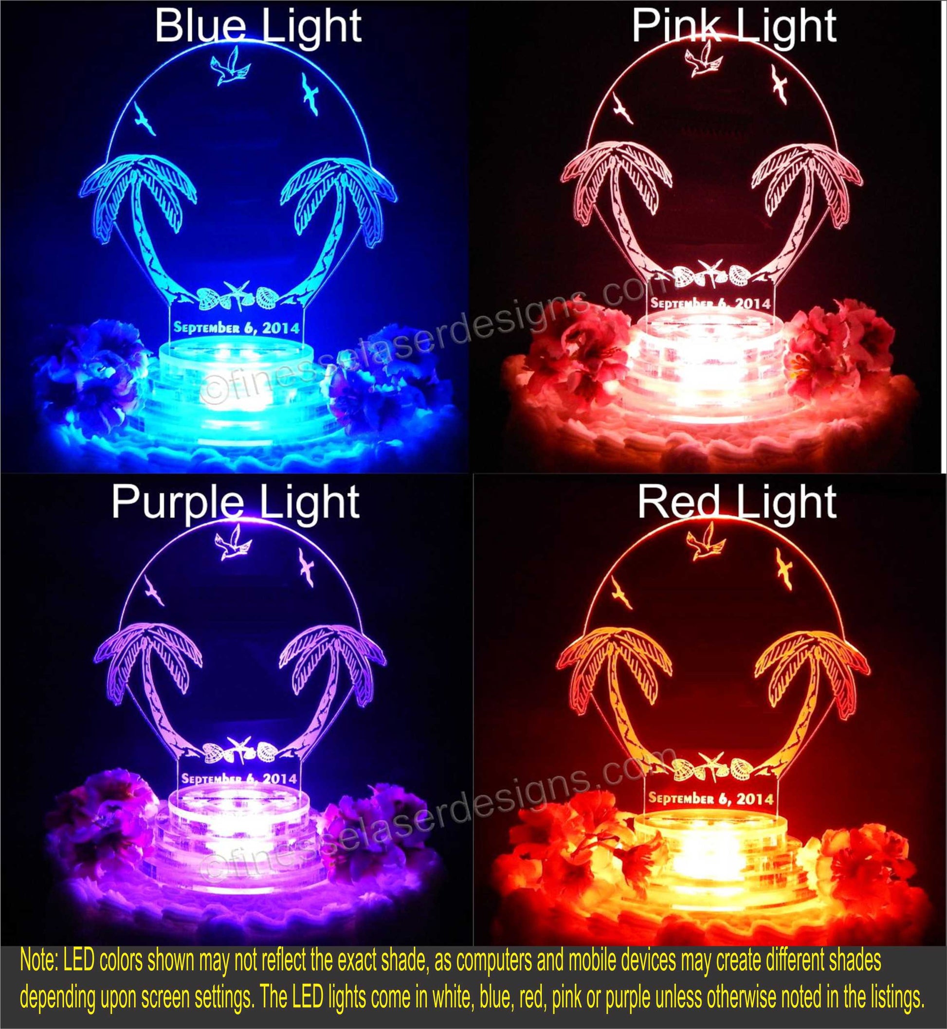 lighted views of an acrylic cake topper designed with palm trees and seagulls showing blue, pink, purple and red lighted views