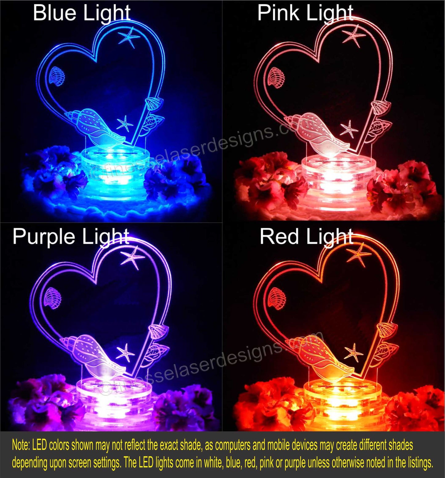 Colored light views of a heart shaped cake topper designed with seashells showing blue, pink, purple and red lighted views