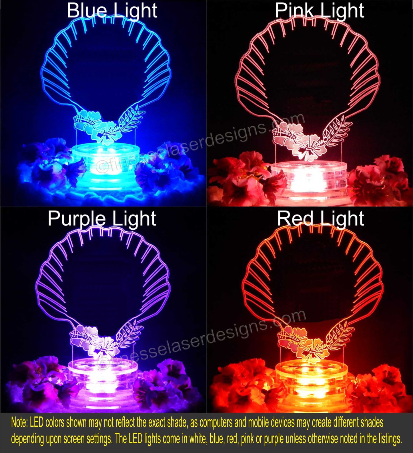 Acrylic seashell shaped cake topper shown in multiple views with colored lights, shown in blue, pink, purple and red lights