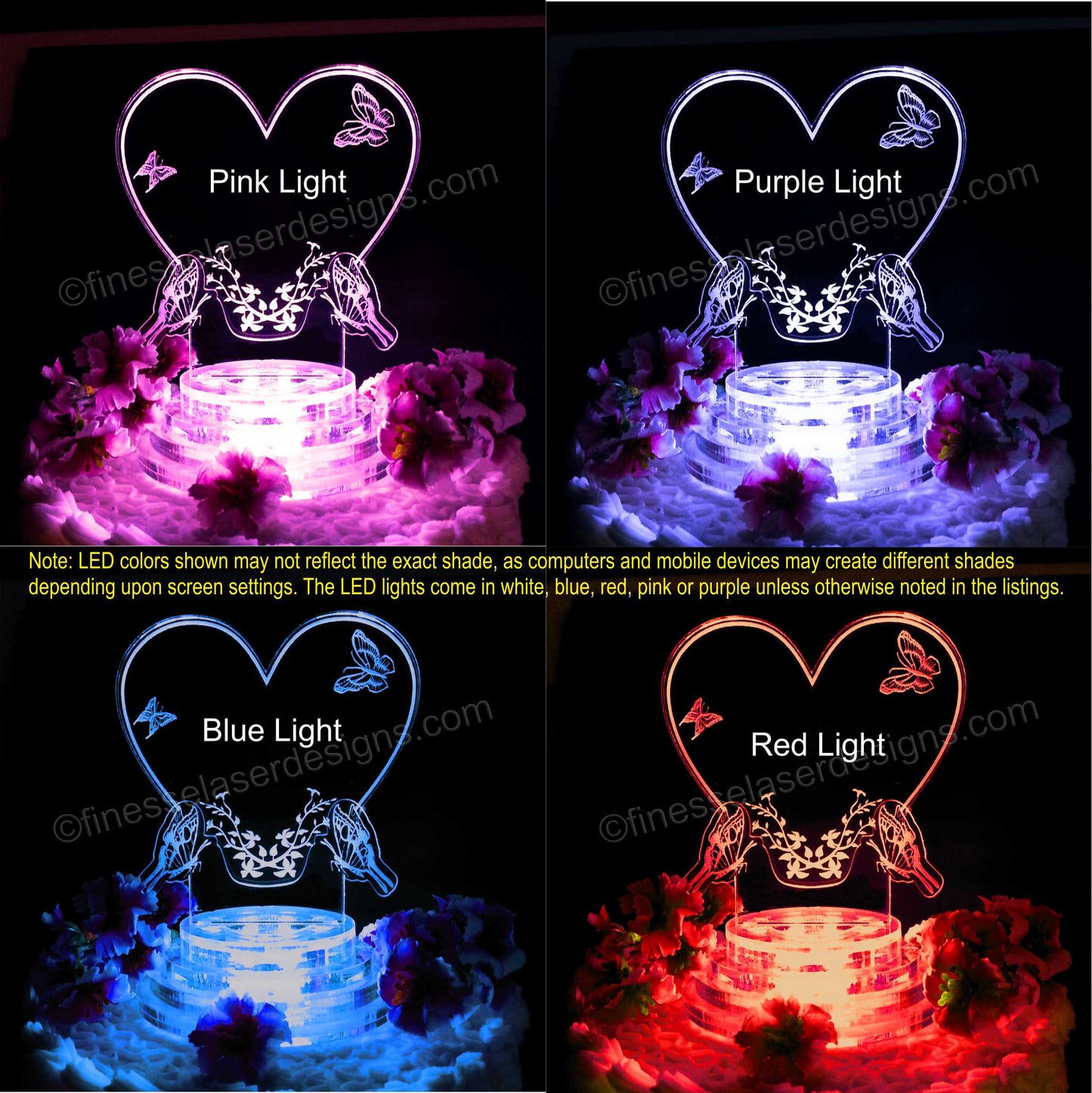 Colored views of acrylic heart shaped cake topper with butterflies engraved showing pink, purple, blue and red lighted views