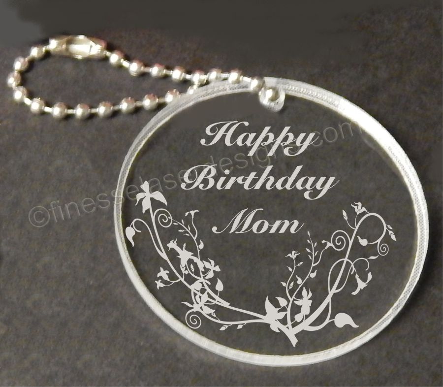 acrylic round shaped keychain with butterflied and Happy Birthday with name engraved along with small metal chain attached