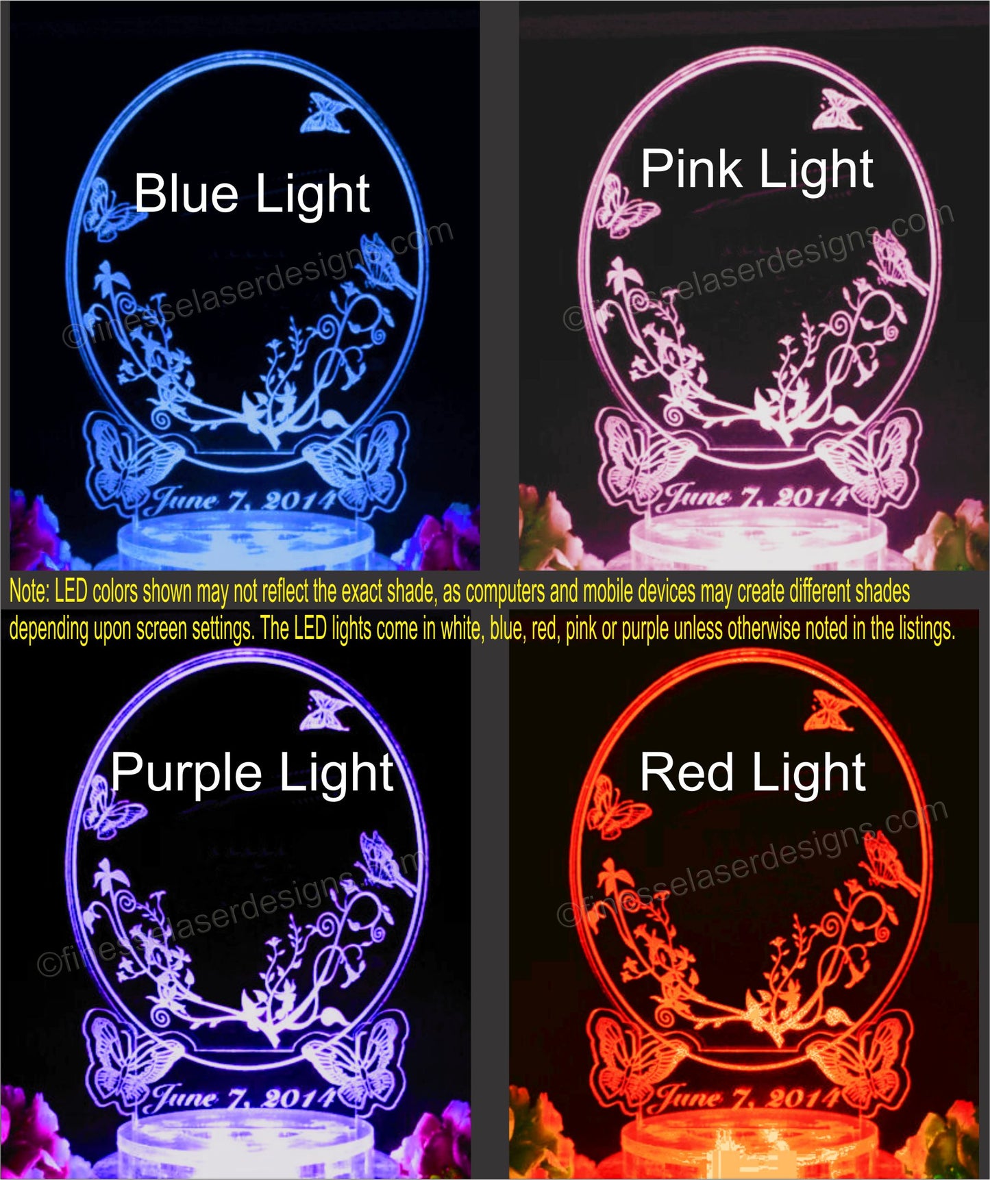 Colored views of acrylic oval shaped cake topper with butterflies engraved showing pink, purple, blue and red lighted views