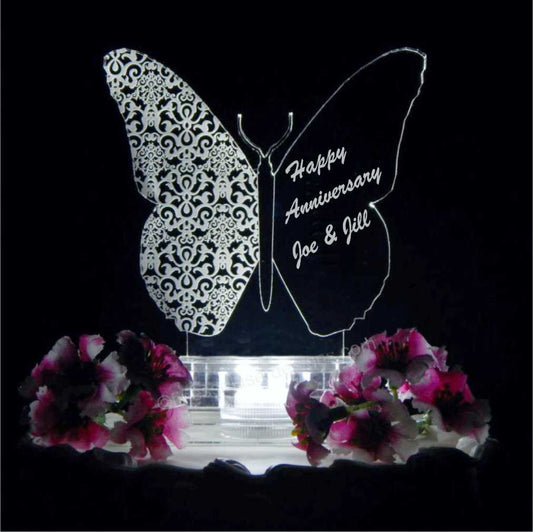 acrylic butterfly shaped cake topper with Happy Anniversary and names