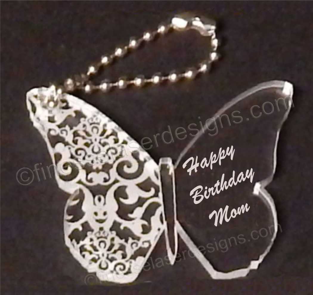 acrylic butterfly shaped keychain with Happy Birthday and name along with a small metal chain attached