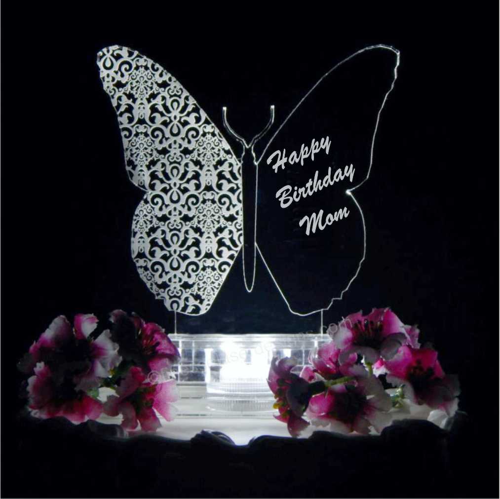 acrylic butterfly shaped cake topper engraved with Happy Birthday and name