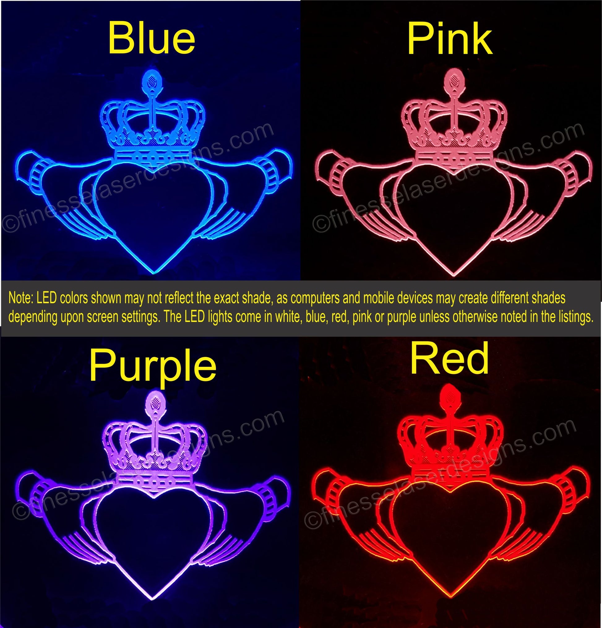 LED lights shown in a claddagh design in blue, pink, purple and red