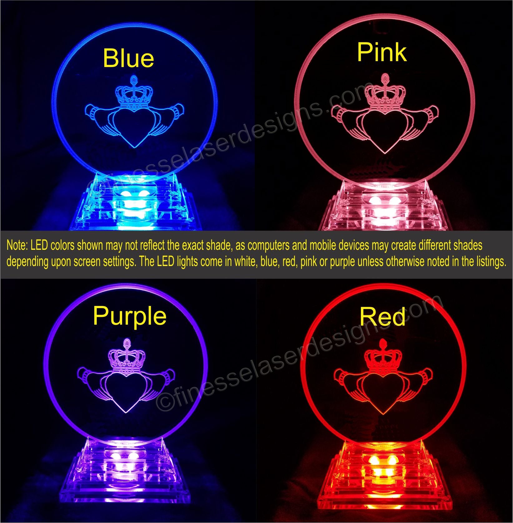 Colored views of acrylic round cake topper designed with a claddagh symbol showing pink, purple, blue, and red lighted views