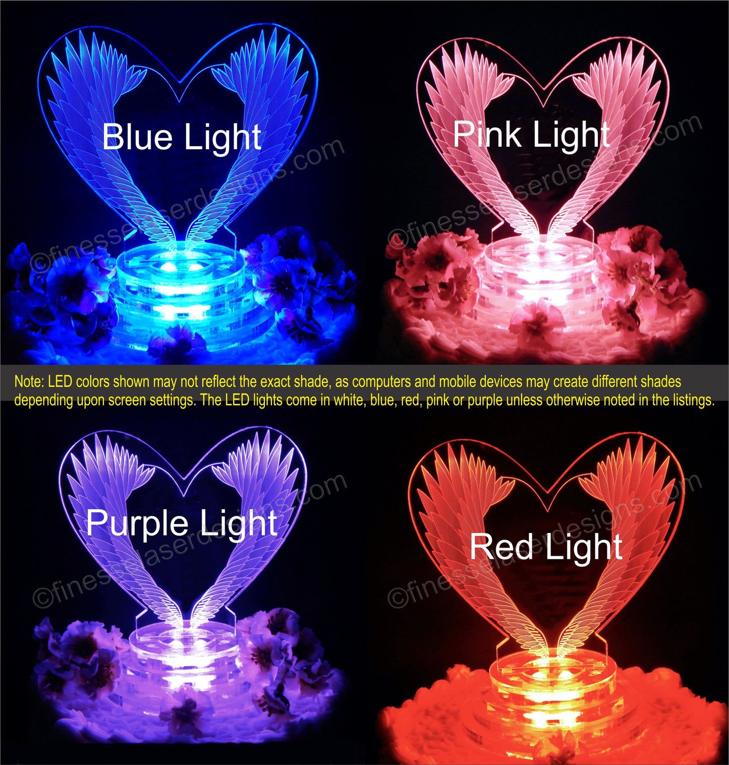 Colored views of acrylic heart shaped cake topper with angel wing design engraved showing pink, purple, blue and red lighted views