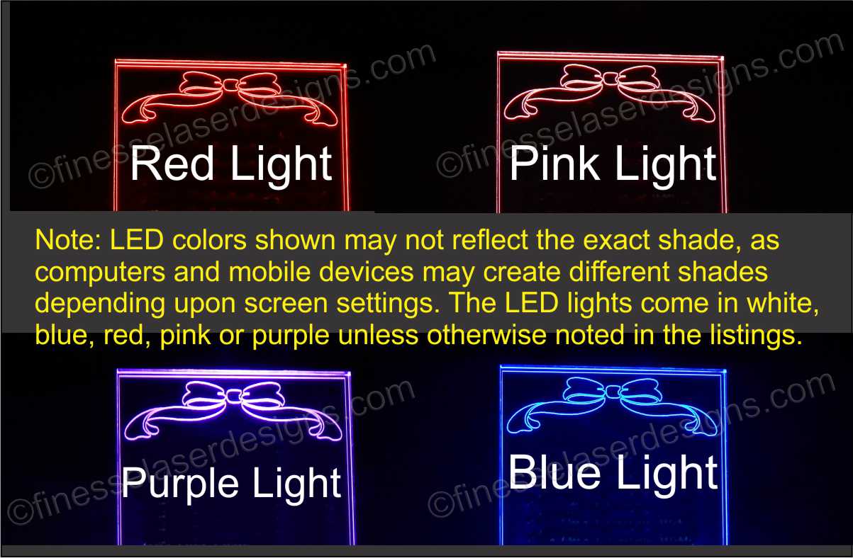 colored lighting samples showing red, pink, purple and blue lighted acrylic toppers