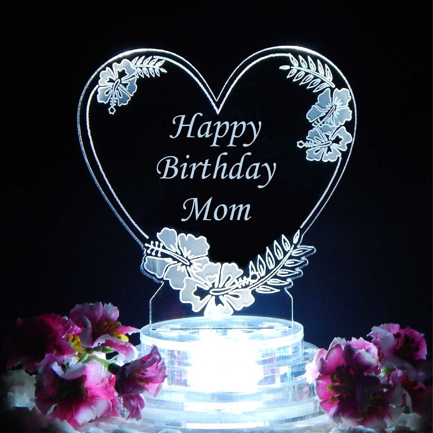 acrylic heart shaped cake topper with an hibiscus heart design and Happy Birthday Mom engraved