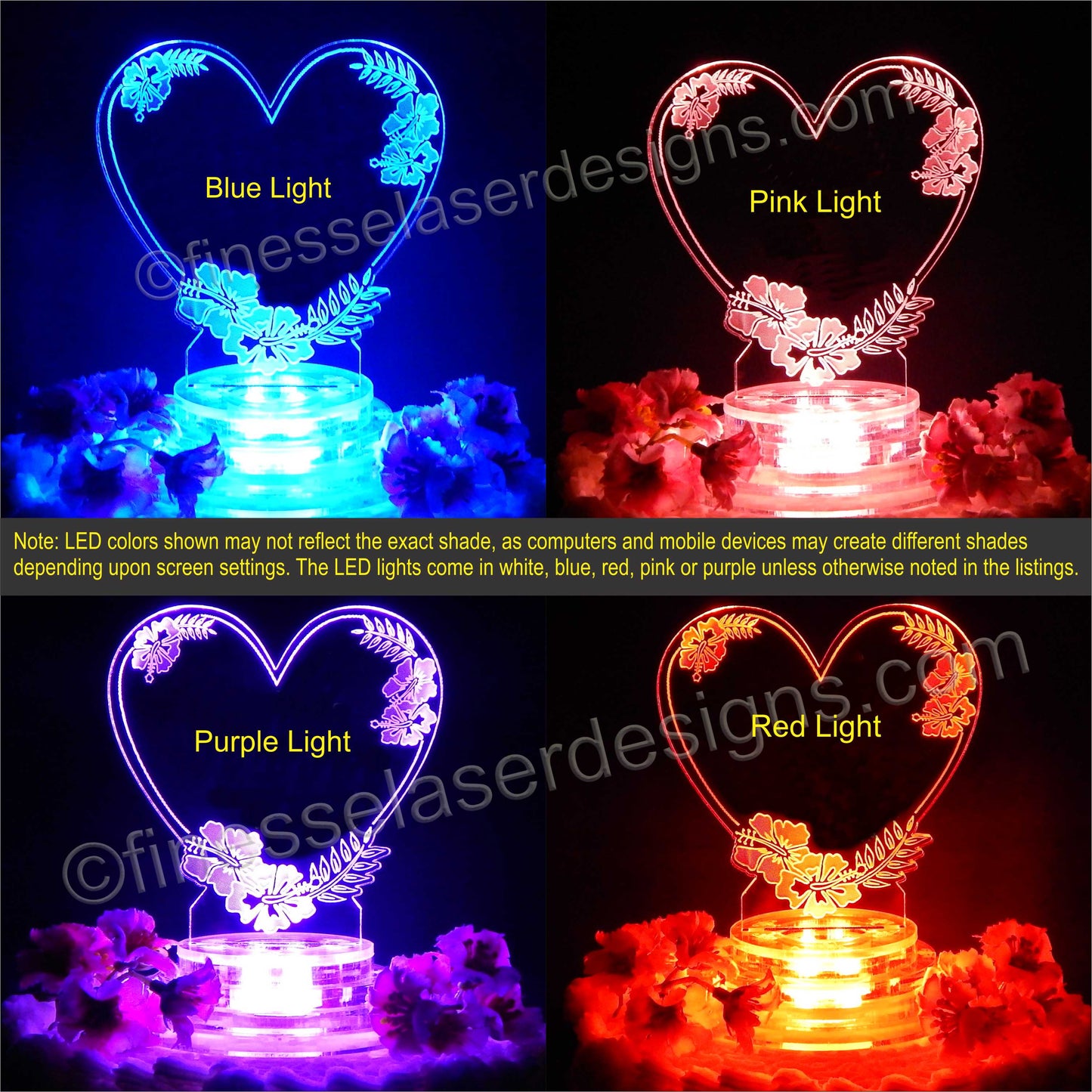lighted color view of a heart shaped cake topper designed with an hibiscus flower design, shown in blue, pink, purple and red lighting