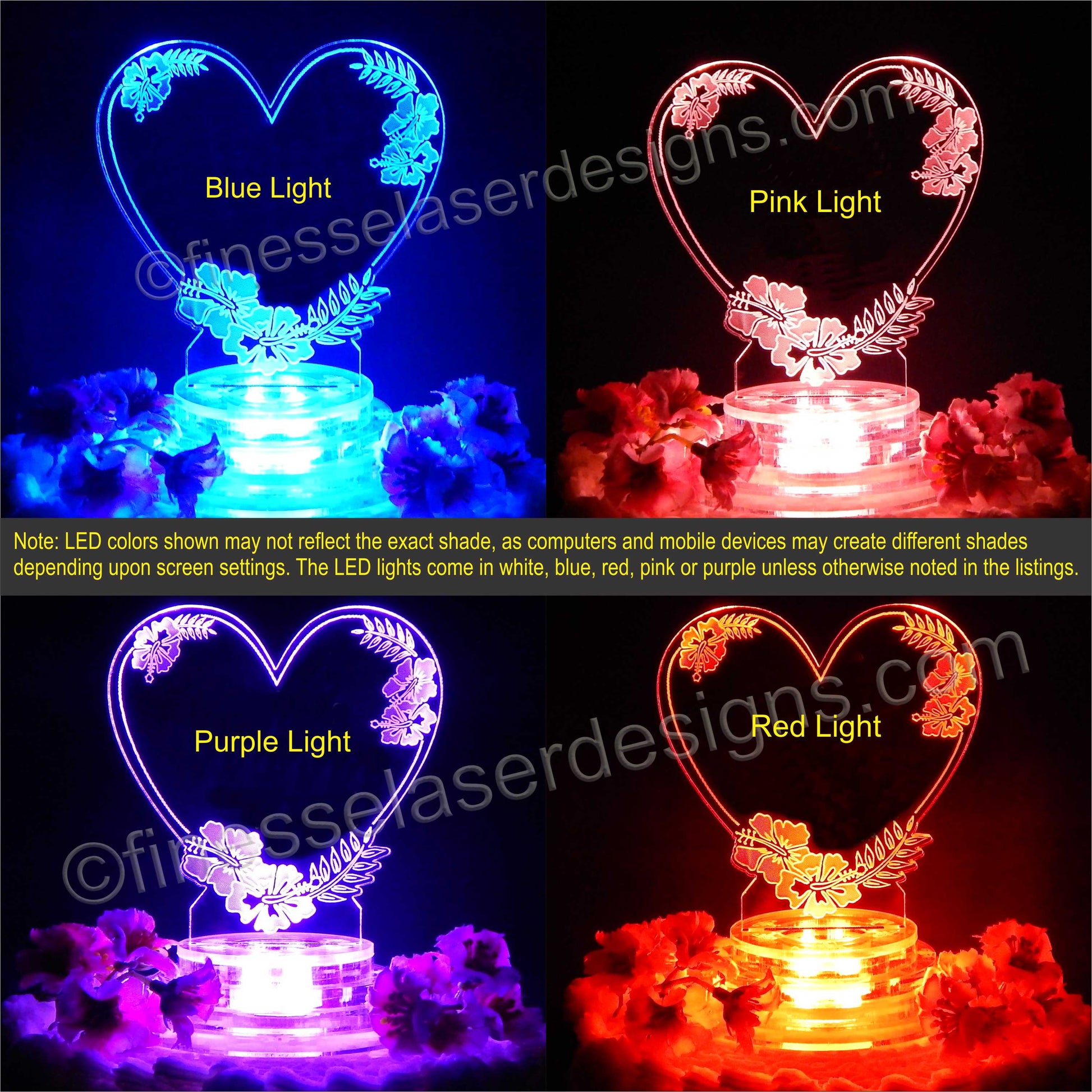 color light views of a heart shaped acrylicy cake topper with an hibiscus flower design shown in blue, pink, purple and red lighting