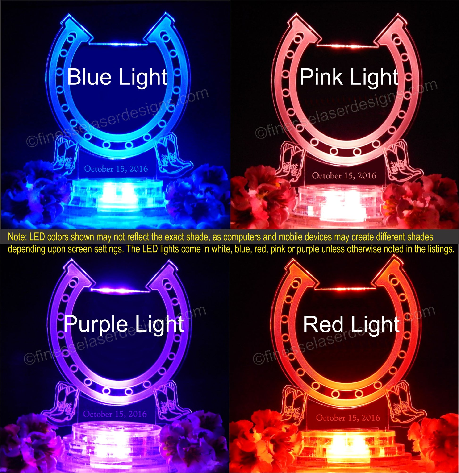 Colored views of acrylic horseshoe shaped cake topper showing pink, purple, blue, and red lighted views
