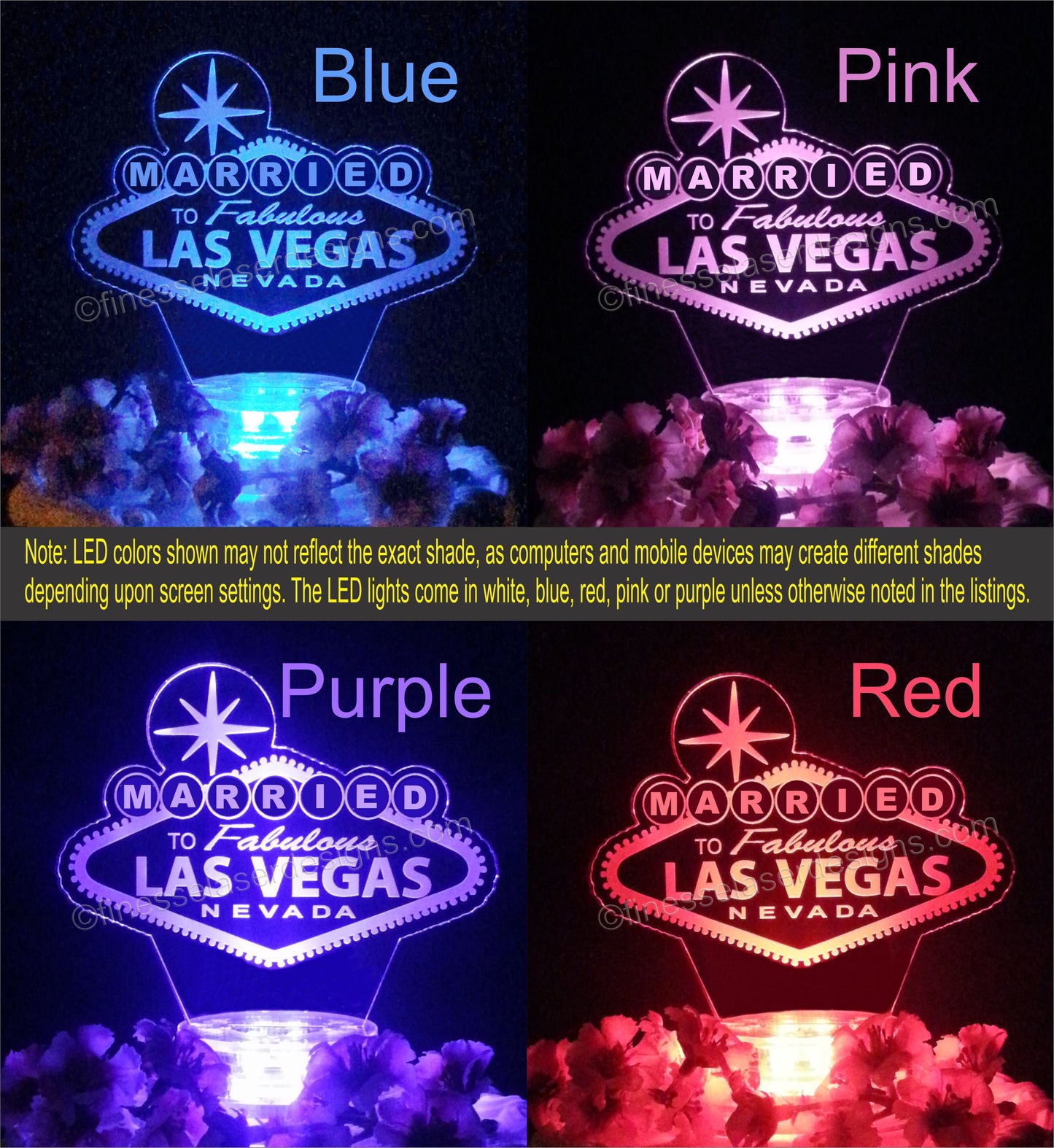 Lighted Married in Las Vegas cake topper shown in blue, pink, purple and red lights