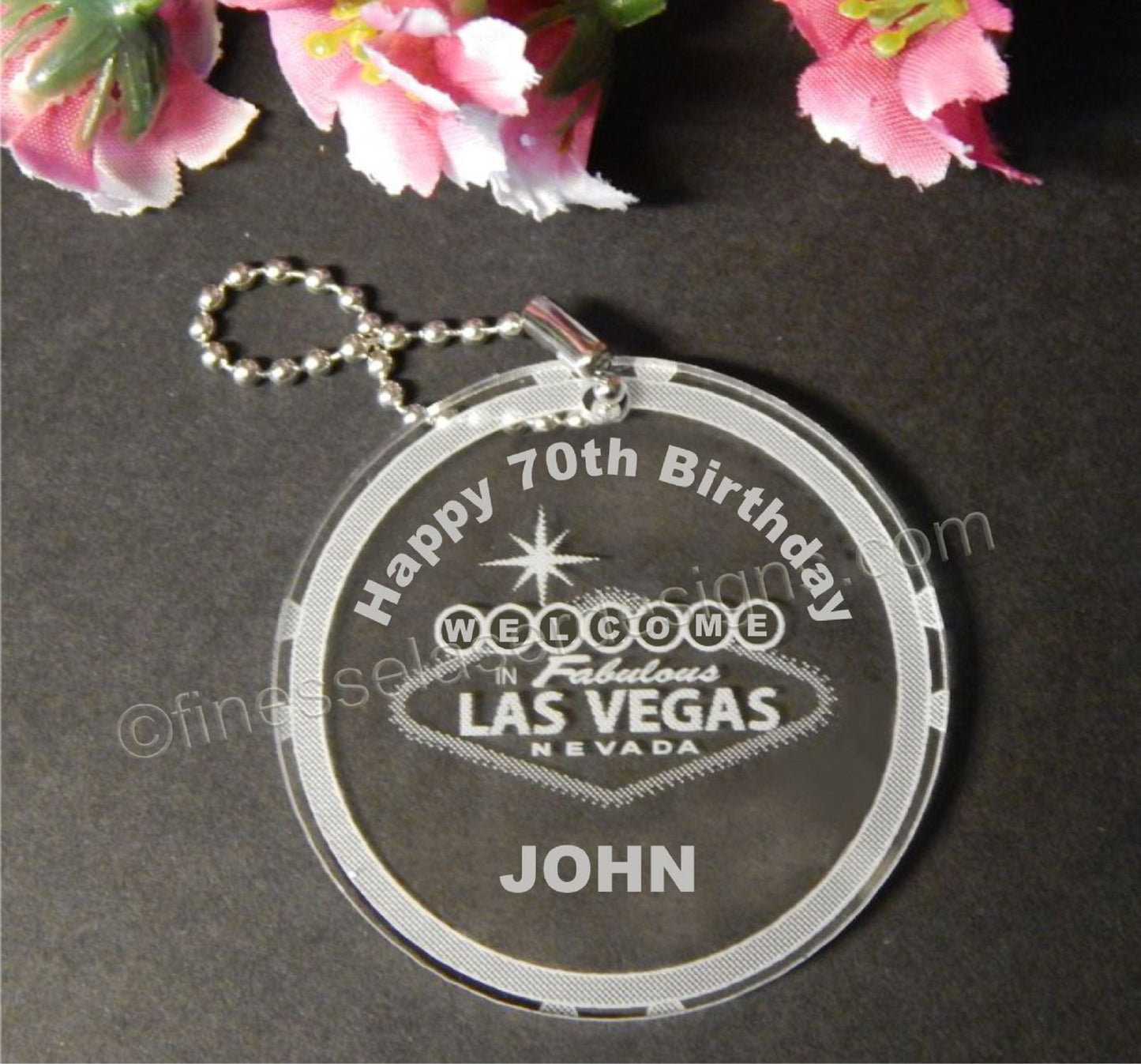 Round keychain with Welcome to Las Vegas sign design and Happy Birthday with name