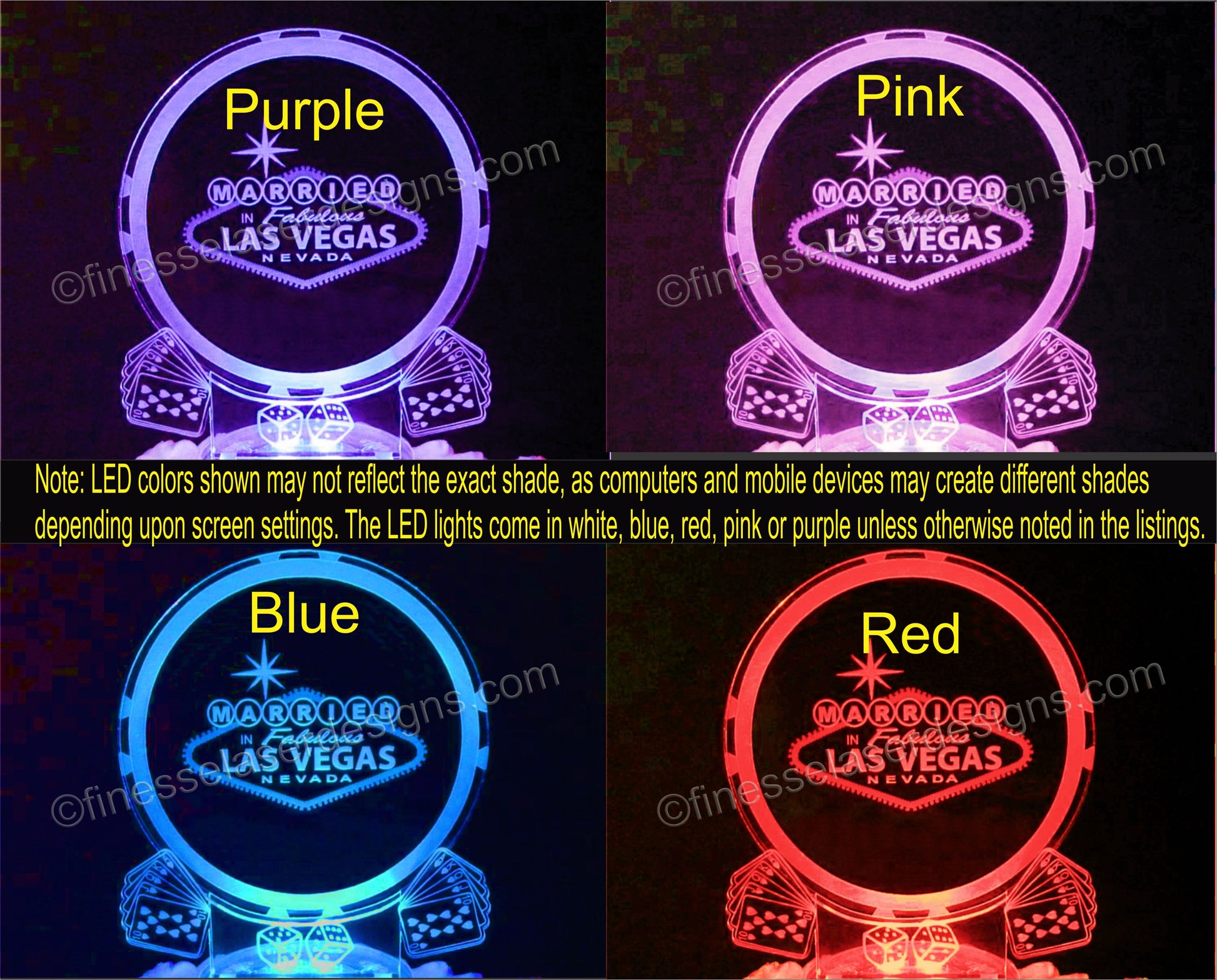 Acrylic cake toppers shown in  purple, pink, blue and red lights designed with Married in Las Vegas poker chip, cards and dice