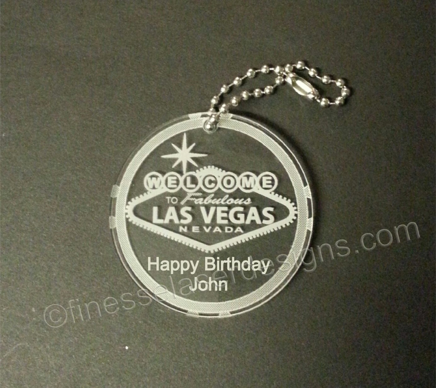 Round Welcome to Las Vegas keychain with Happy Birthday and name