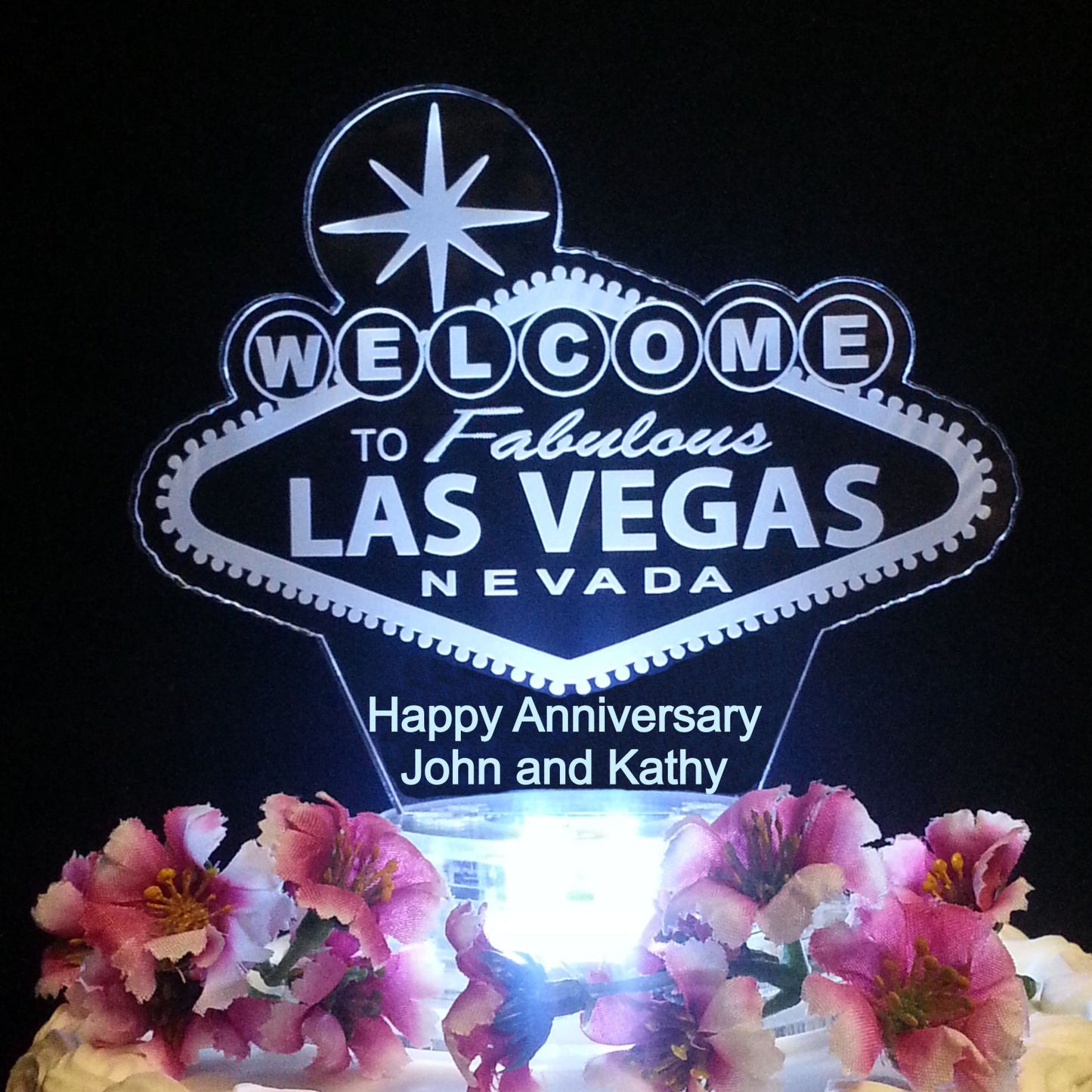 Welcome to Las Vegas lighted cake topper with Happy Anniversary and names