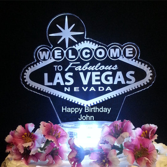 Lighted Welcome to Las Vegas acrylic cake topper with Happy Birthday and name