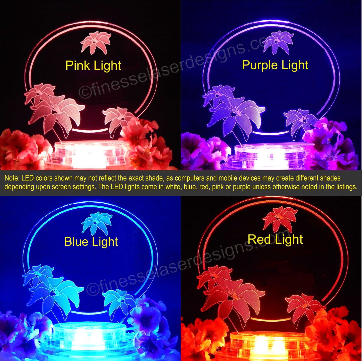 Colored views of acrylic cake topper designed with lilies showing pink, purple, blue, and red lighted views