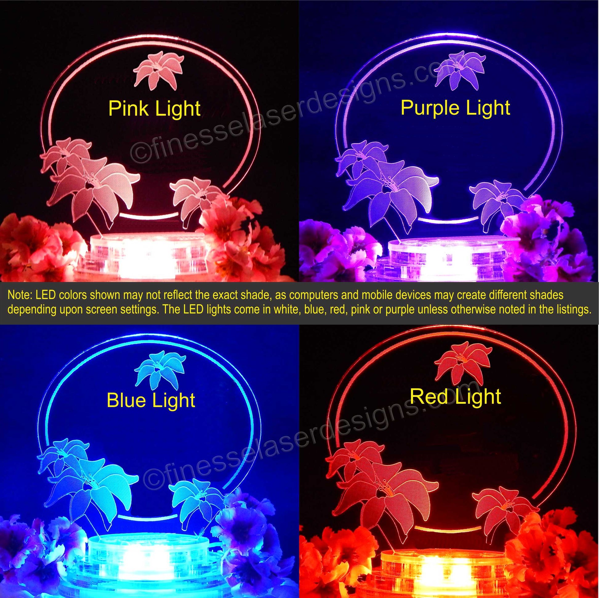 Colored views of acrylic cake topper designed with lilies showing pink, purple, blue, and red lighted views