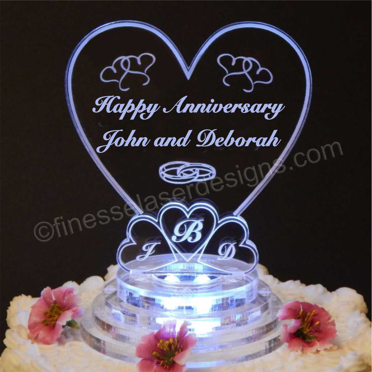 Personalized Monogram Heart Lighted Acrylic LED Anniversary Cake Topper