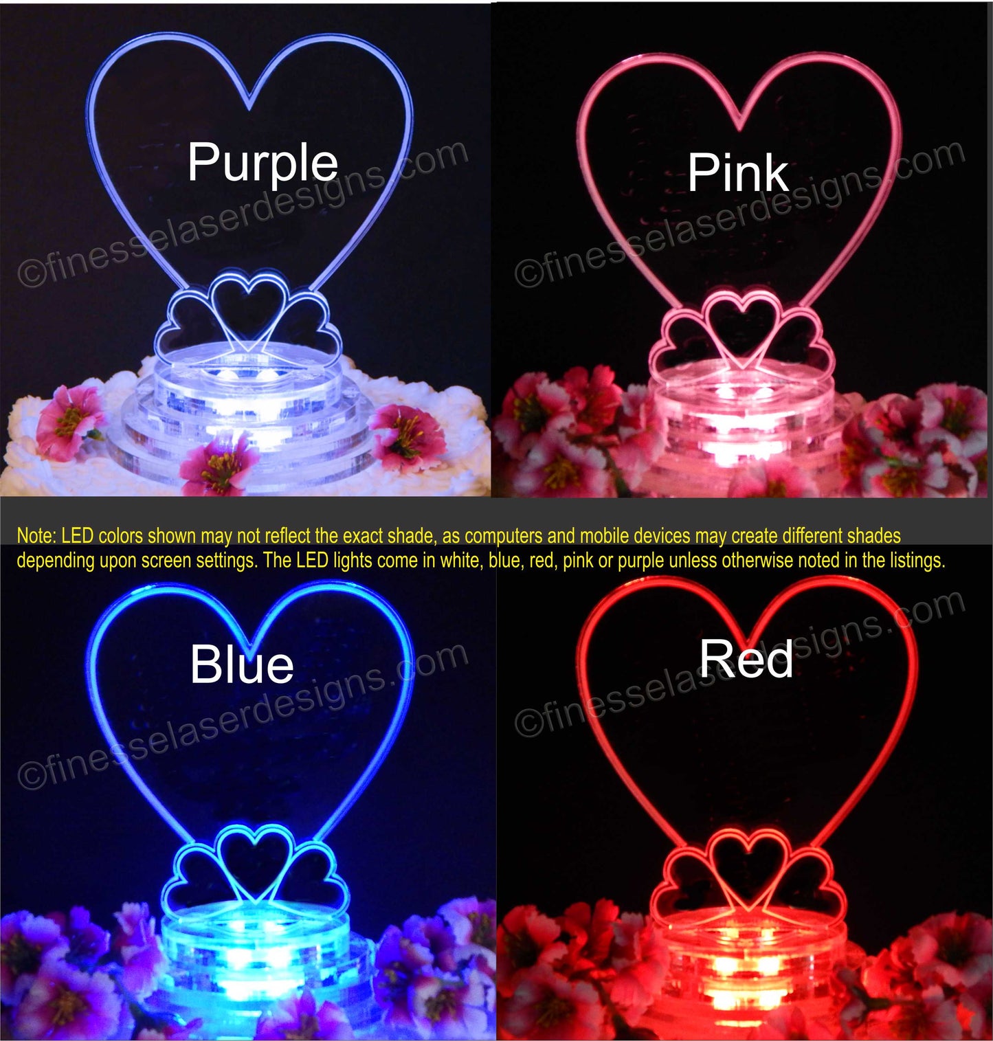 4 views of a lighted heart shaped cake topper shown in purple, pink, blue and red