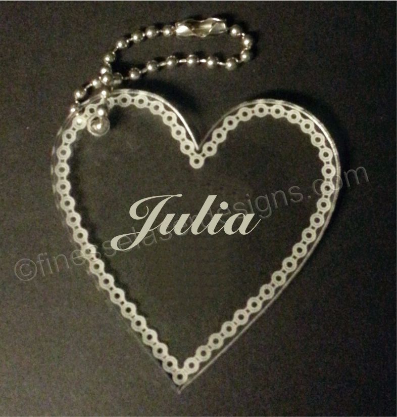 heart shaped acrylic keychain with motorcycle chain border and name, with small chain