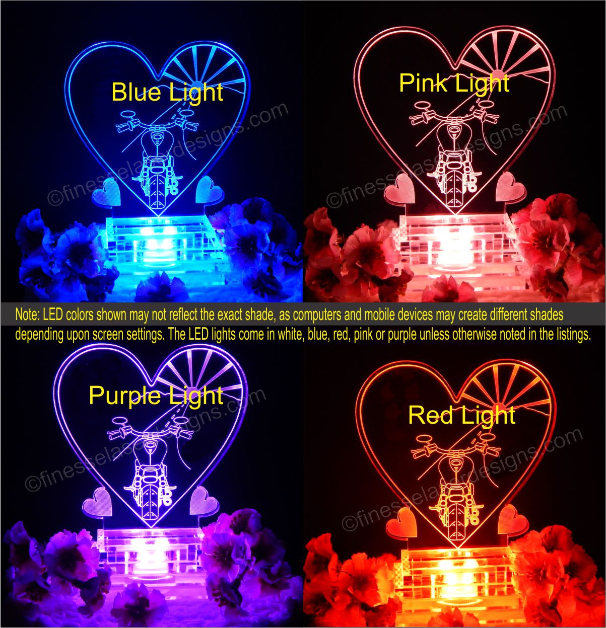 Colored light views of acrylic heart shaped cake topper showing backside view of motorcycle driving towards a sunset, with blue, pink, purple and red light views