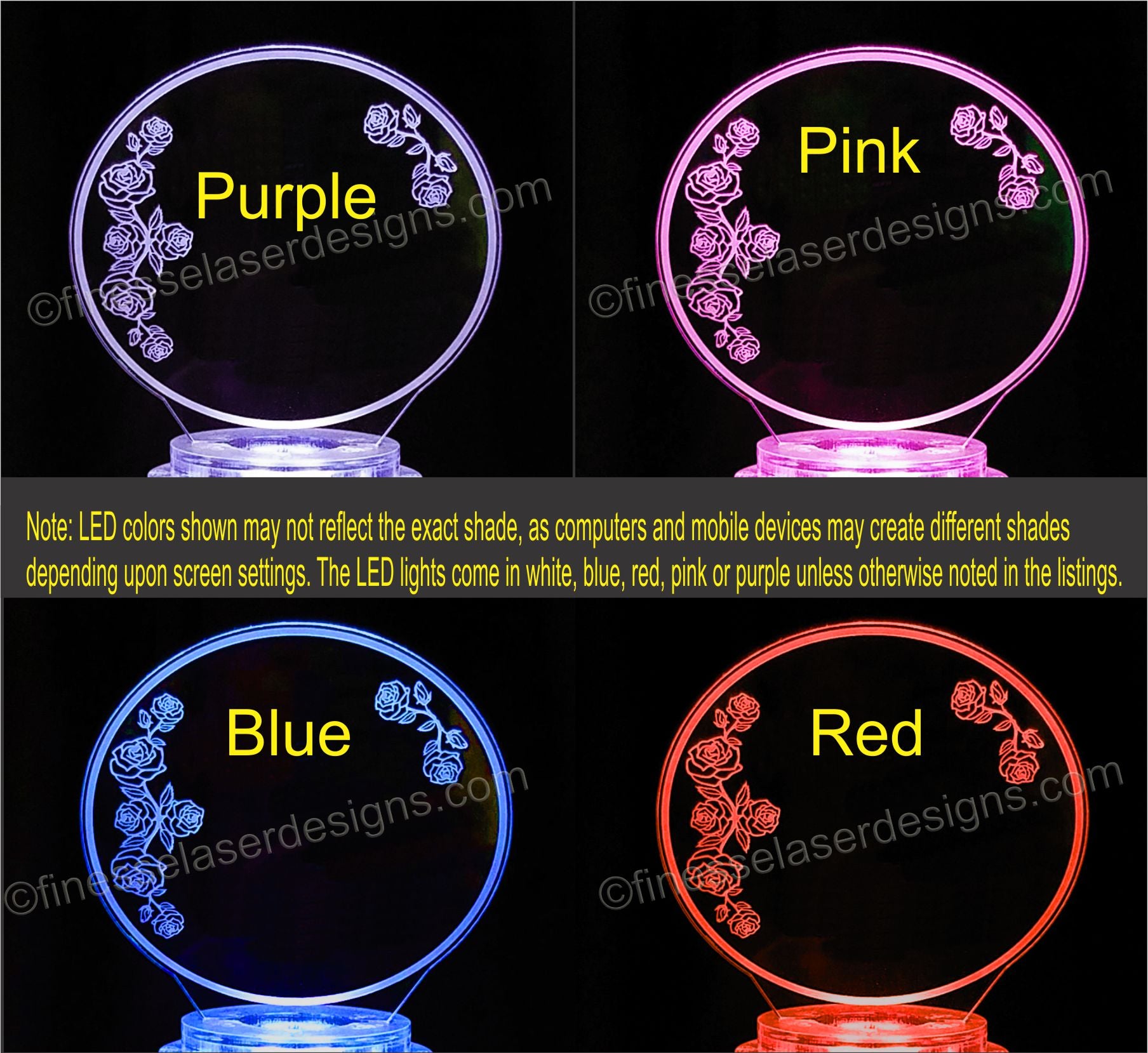 Colored views of acrylic cake topper designed with roses showing pink, purple, blue, and red lighted views