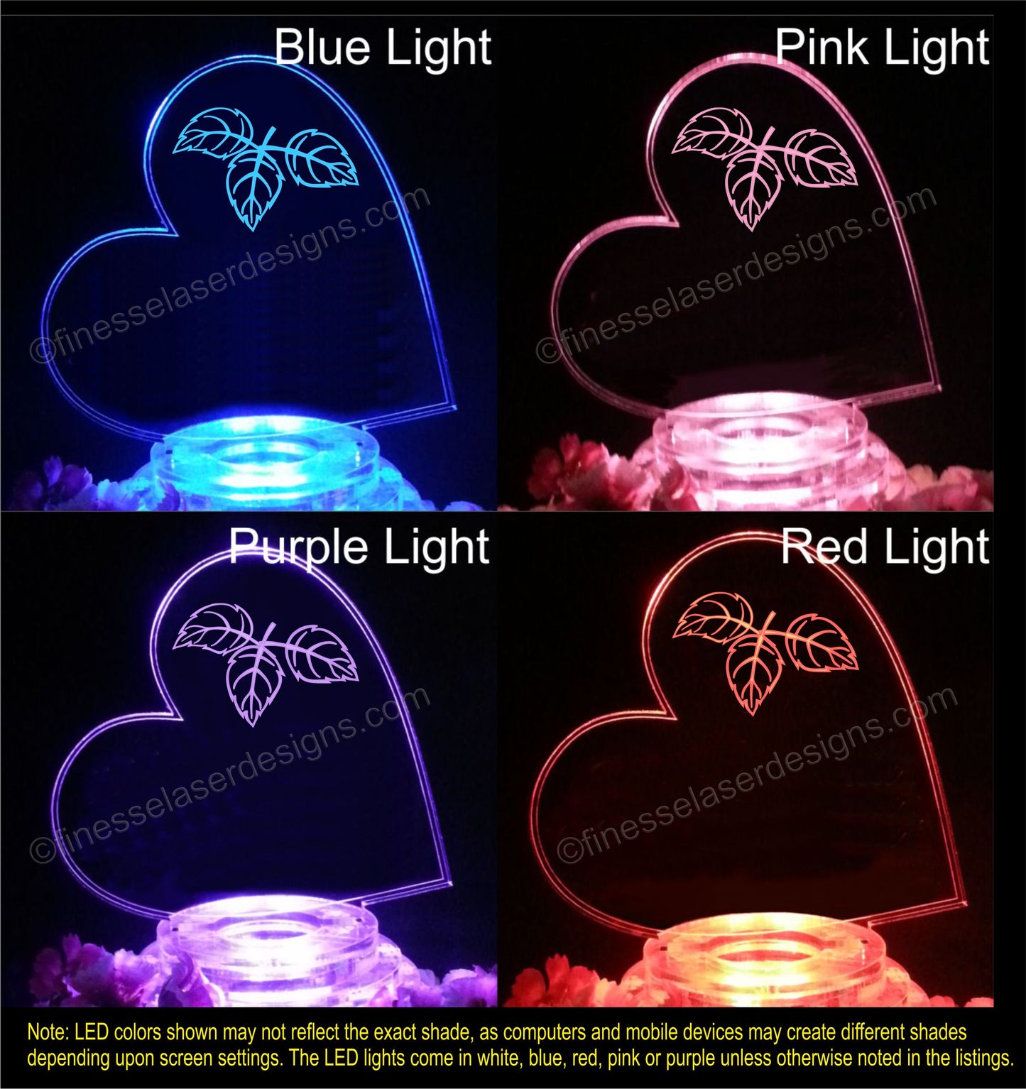 4 colored light views of an acrylic heart shaped cake topper designed with fall leaves, shown in blue, pink, purple and red lights