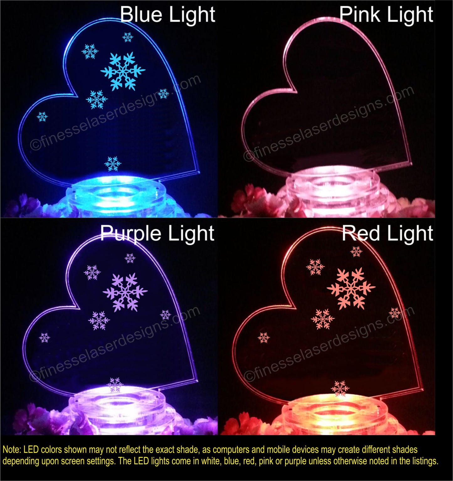 4 colored lighting views of a heart shaped cake topper designed with snowflakess, shown in blue, pink, purple and red lighting