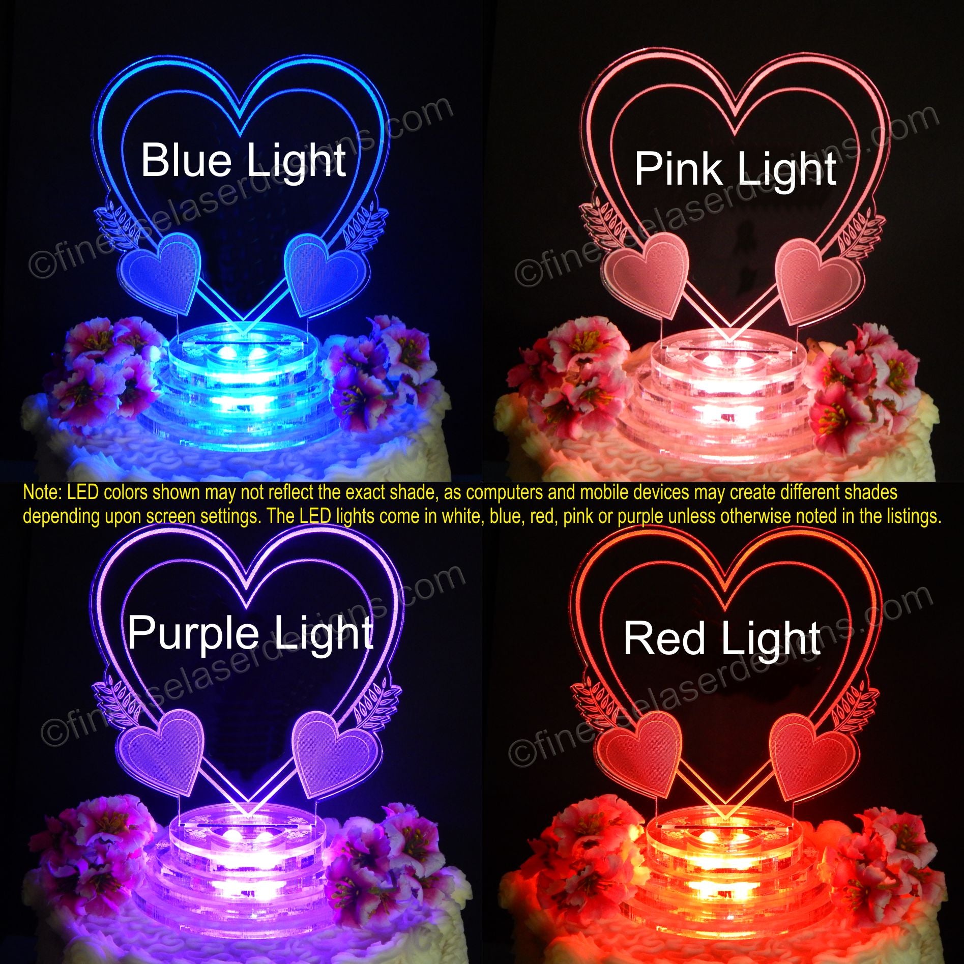 Colored lighted views of a heart shaped acrylic cake topper shown with monogram and date, lit up and sitting on top of a cake decorated with flowers, shown in blue, pink, purple and red lighting