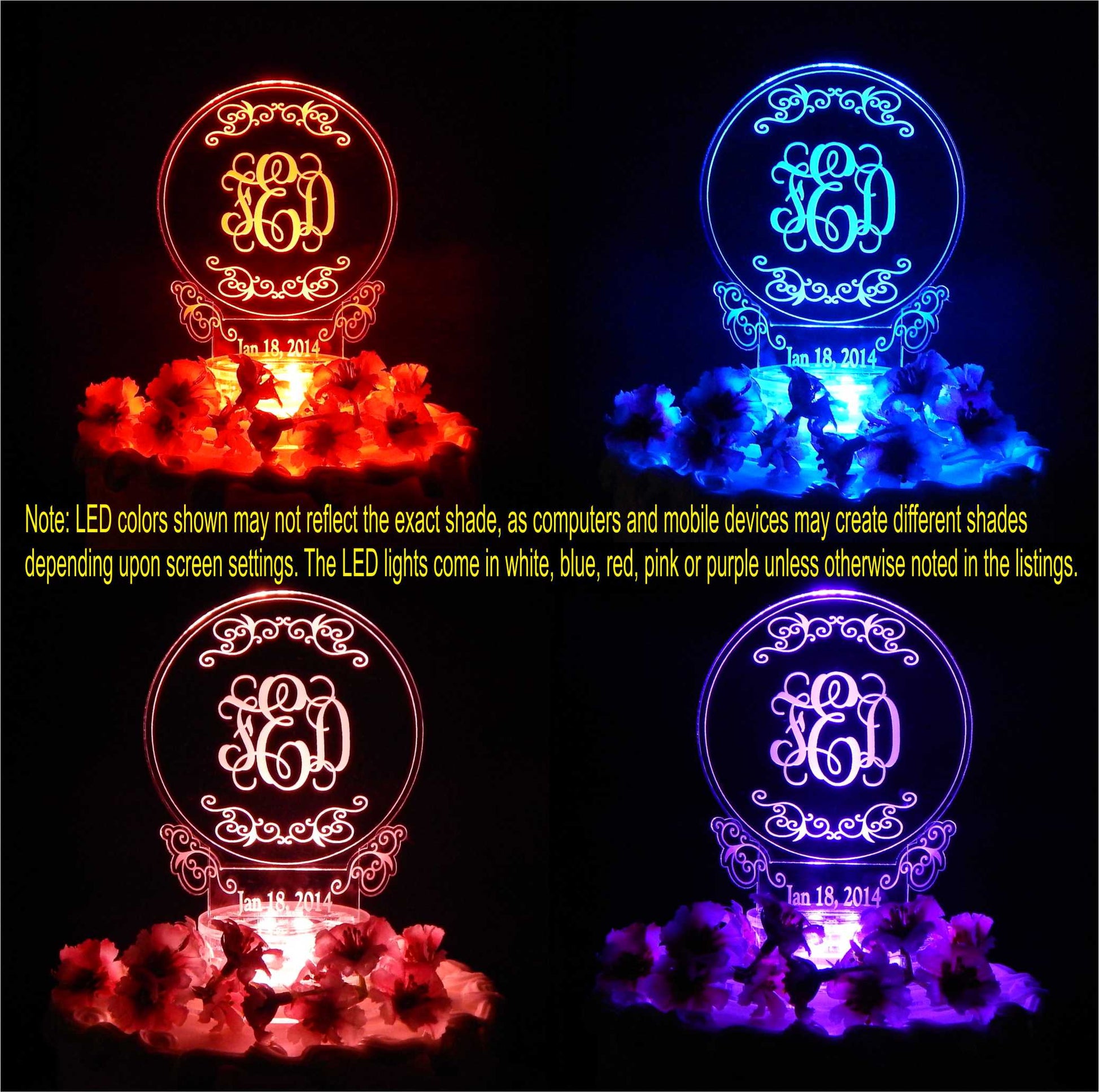 color views of a round acrylic cake topper showing a monogram and date, shown in red, blue, pink and purple lighting