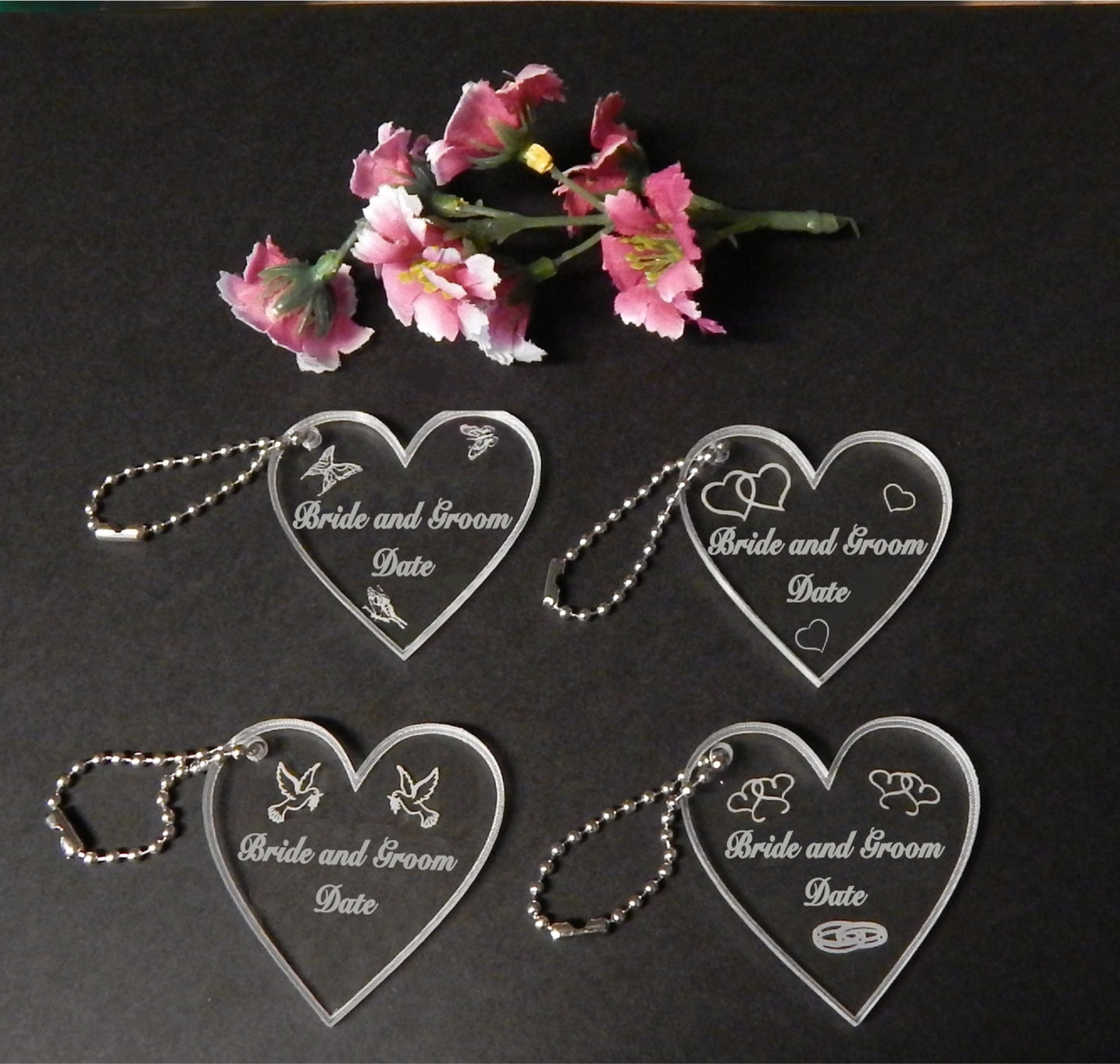 QTY 100 Personalized Heart Wedding or Bridal Key Chain Favors custom engraved acrylic keychains