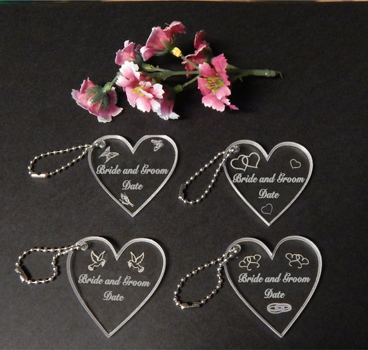 QTY 25 Personalized Heart Wedding or Bridal Key Chain Favors custom engraved acrylic keychains