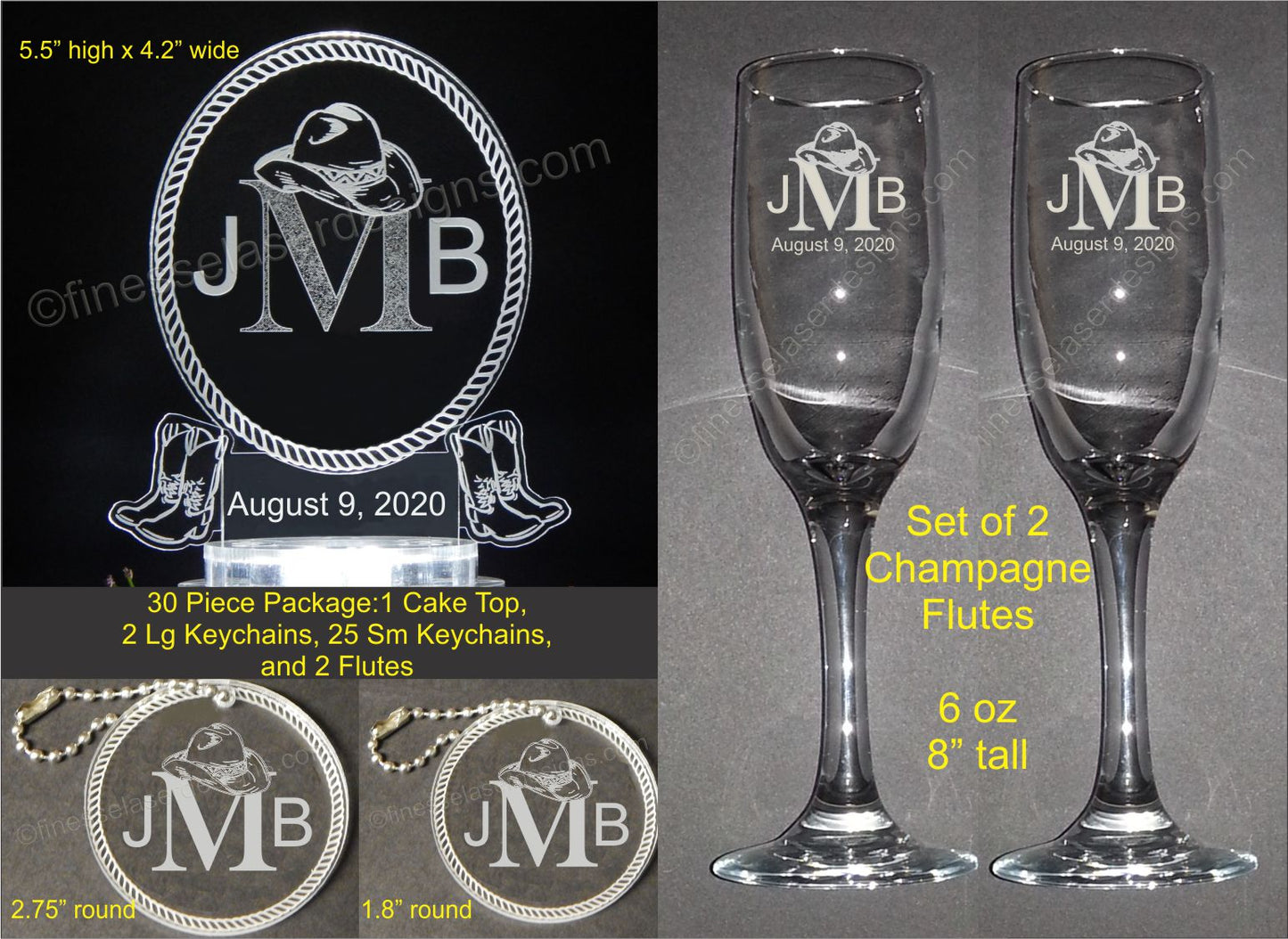 photo showing clear acrylic oval western themed cake topper along with 2 sizes of matching round keychain favors and a set of two champange flutes, all engraved with a 3 letter monogram