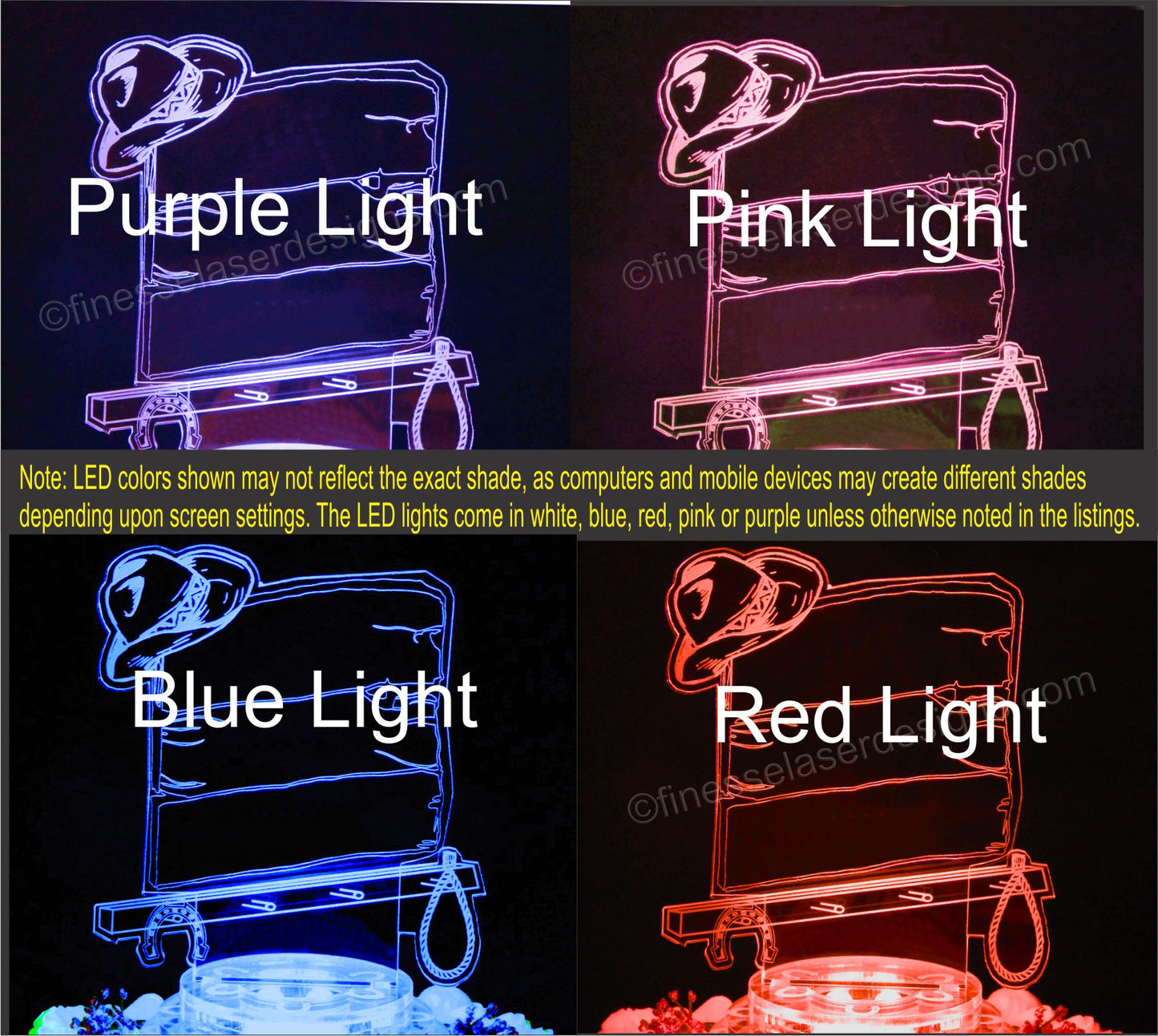 Colored views of acrylic western backboard cake topper engraved showing pink, purple, blue and red lighted views