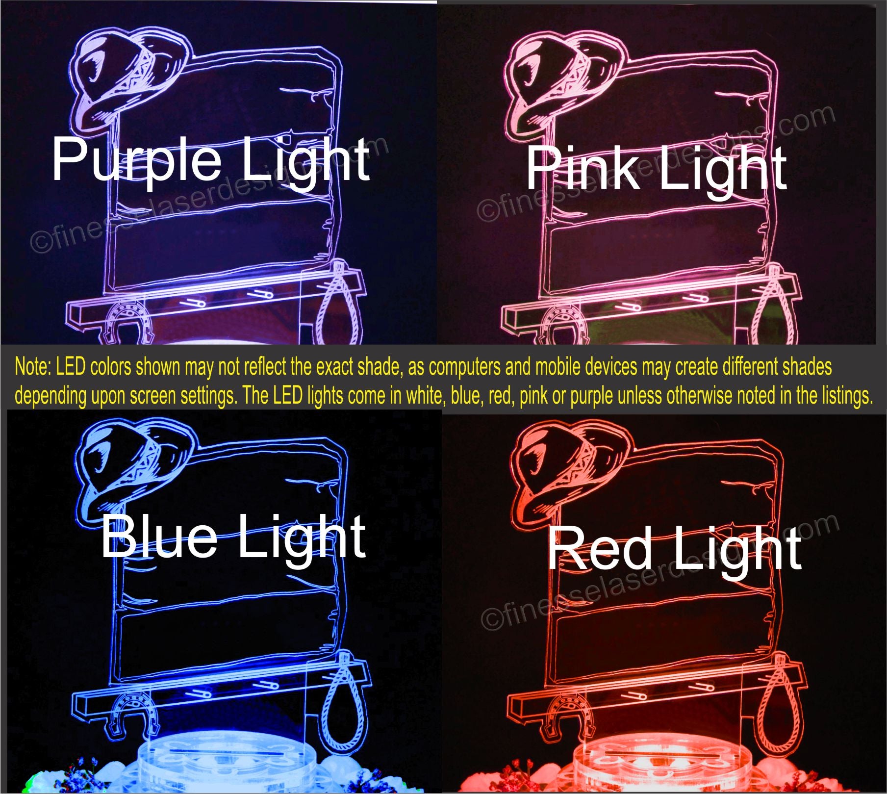 Colored views of acrylic western backboard cake topper engraved showing pink, purple, blue and red lighted views